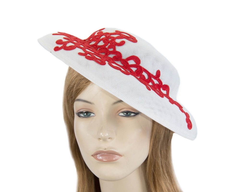 Fascinators Online - White & red fashion boater hat with lace by Max Alexander