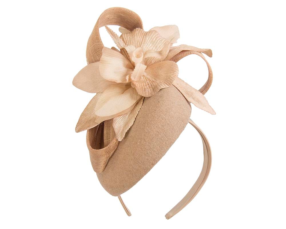 Fascinators Online - Tall beige felt pillbox with flower by Fillies Collection