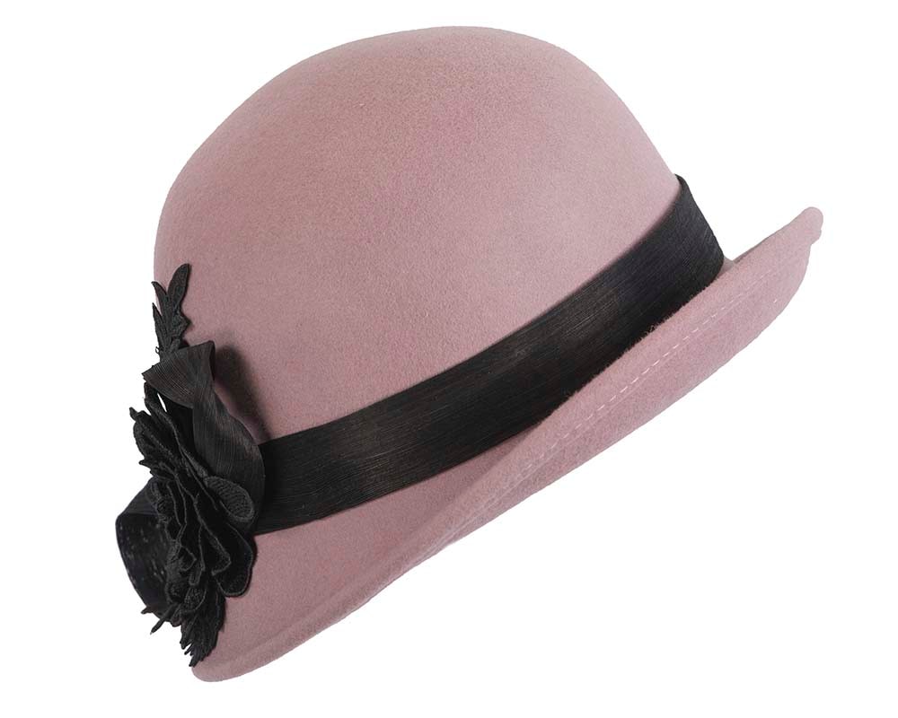 Fascinators Online - Exclusive dusty pink felt cloche hat with lace by Fillies Collection