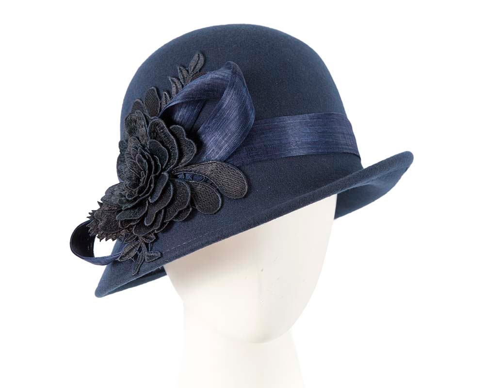 Fascinators Online - Exclusive navy felt cloche hat with lace by Fillies Collection