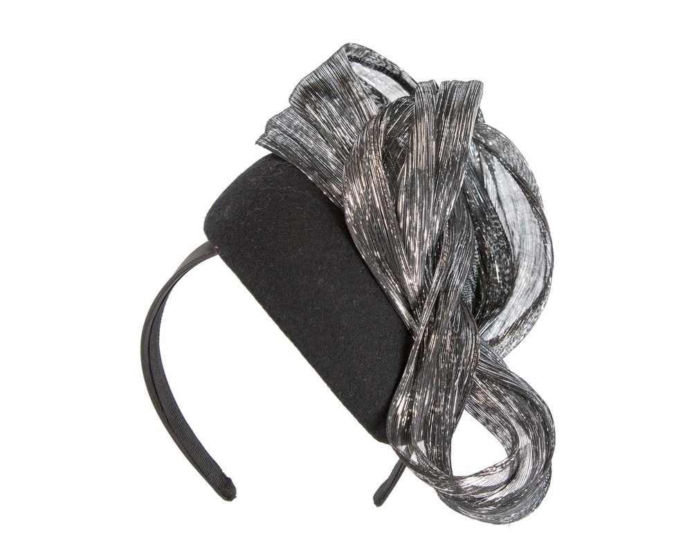Fascinators Online - Bespoke black pillbox with silver bow by Fillies Collection