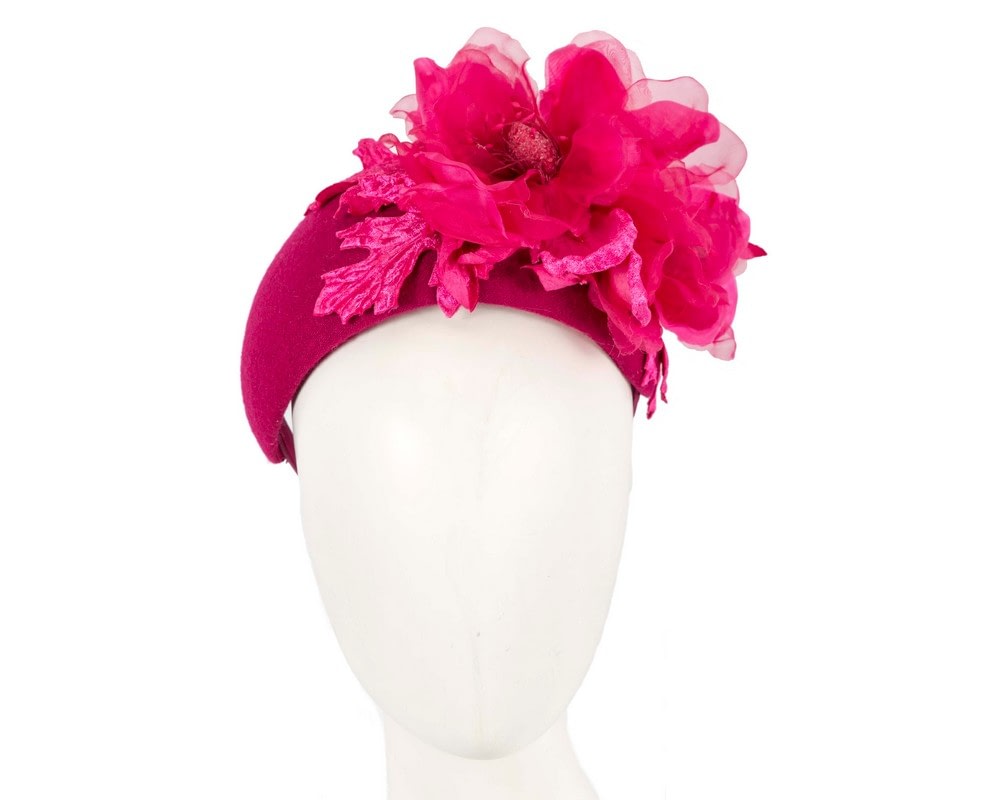 Fascinators Online - Wide fuchsia winter fascinator with silk flower