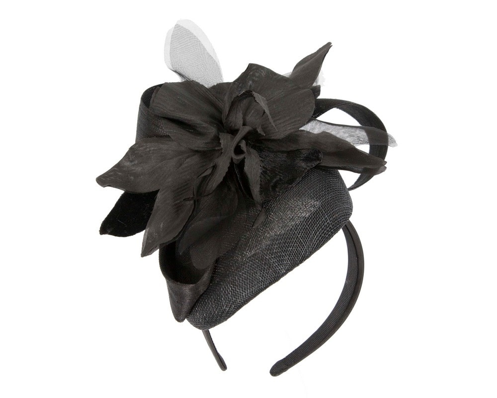 Tall black pillbox fascinator with flower by Fillies Collection - Fascinators Online Tall black pillbox fascinator with flower by Fillies Collection - Image 2