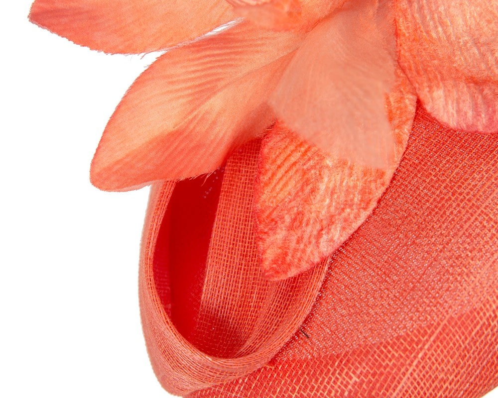 Tall orange pillbox fascinator with flower by Fillies Collection - Image 5