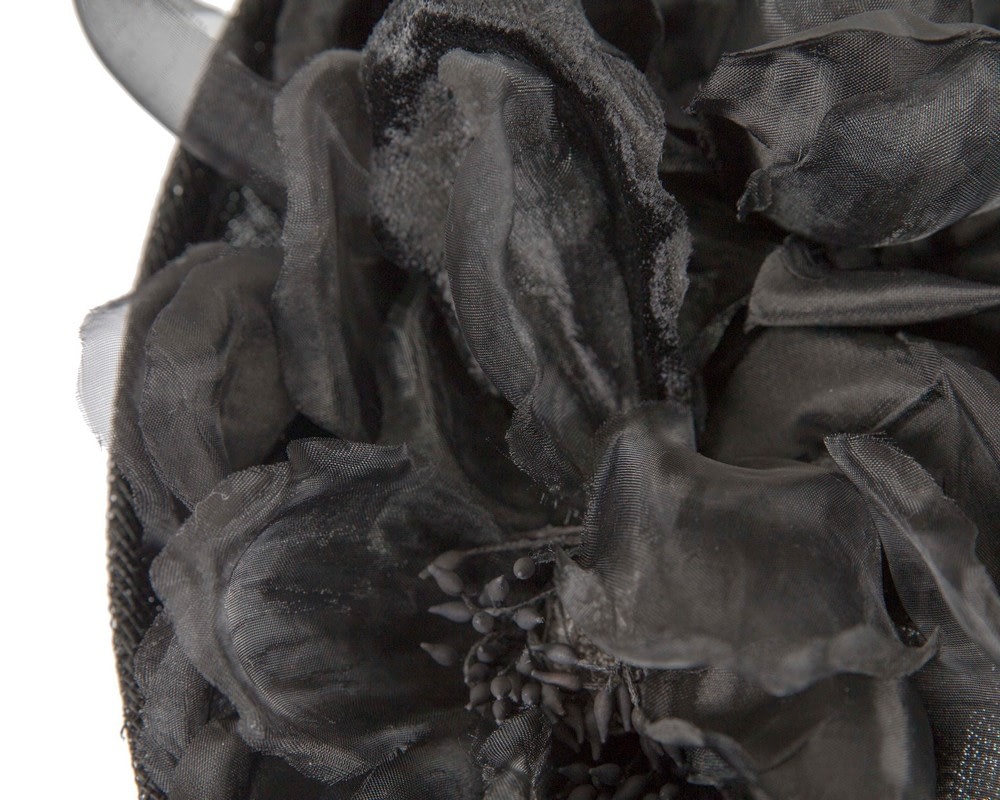 Bespoke black sinamay fascinator with flower by Max Alexander - Image 3