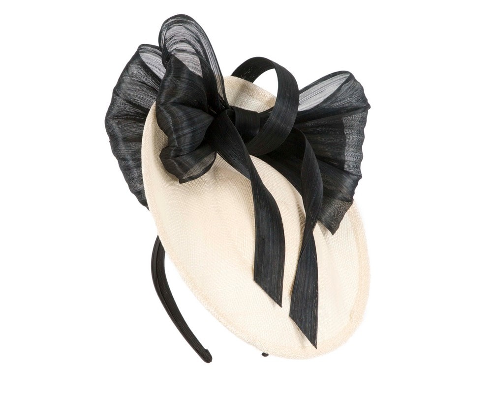 Fascinators Online - Bespoke cream sinamay fascinator with black bow by Fillies Collection