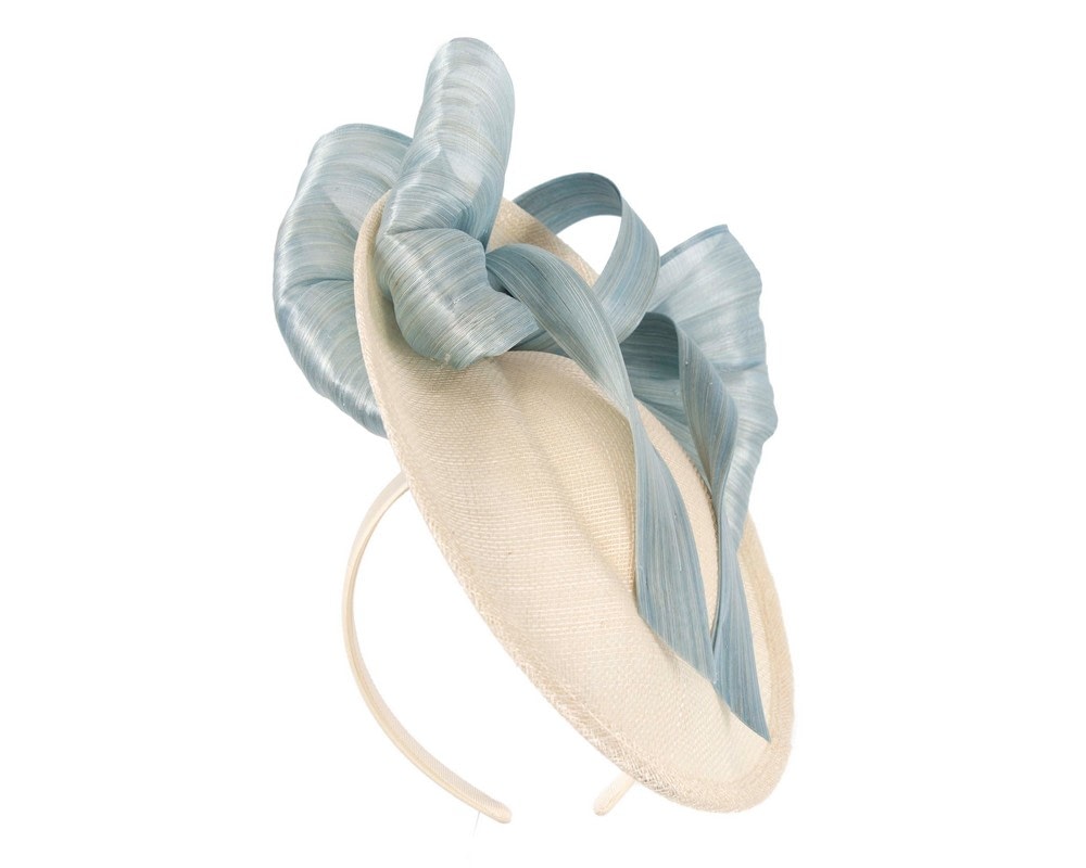 Fascinators Online - Bespoke cream sinamay fascinator with blue bow by Fillies Collection