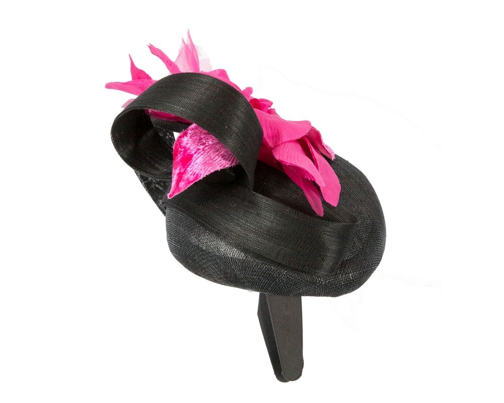 Tall black pillbox fascinator with fuchsia flower by Fillies Collection - Fascinators Online Tall black pillbox fascinator with fuchsia flower by Fillies Collection - Image 4