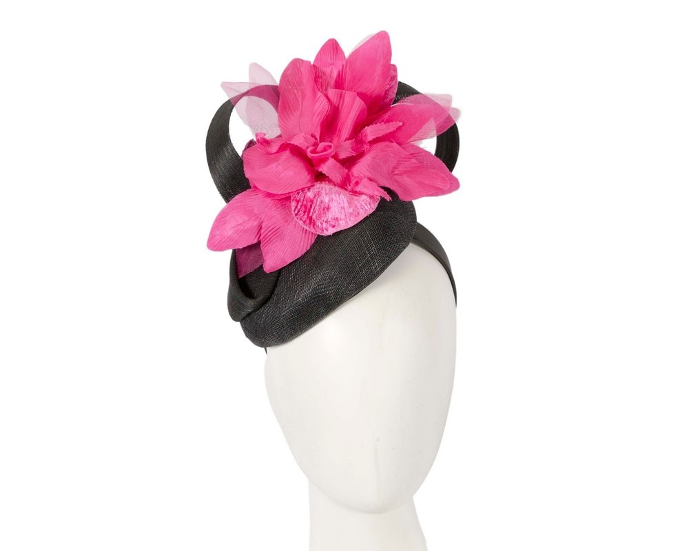 Tall black pillbox fascinator with fuchsia flower by Fillies Collection - Fascinators Online Tall black pillbox fascinator with fuchsia flower by Fillies Collection