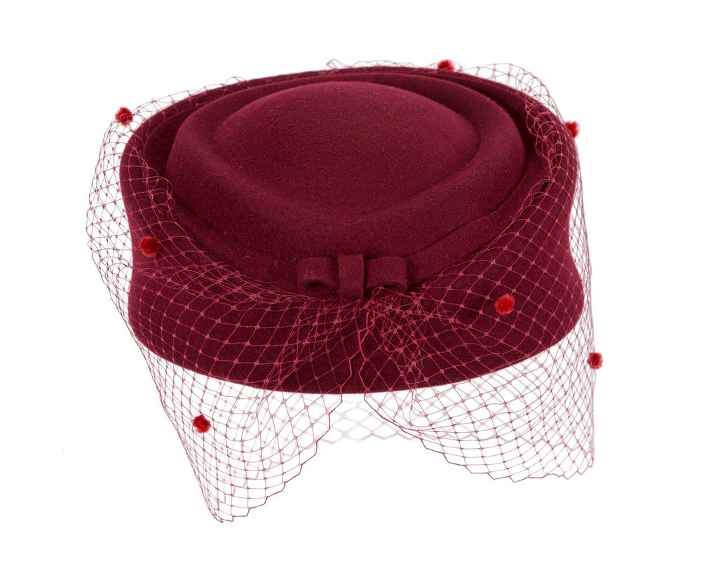 Large burgundy pillbox with face veil by Fillies Collection - Fascinators Online Large burgundy pillbox with face veil by Fillies Collection - Image 5