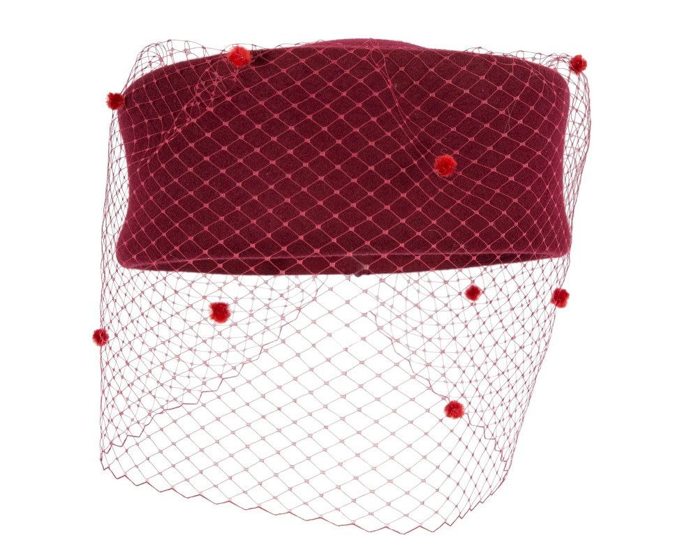 Fascinators Online - Large burgundy pillbox with face veil by Fillies Collection