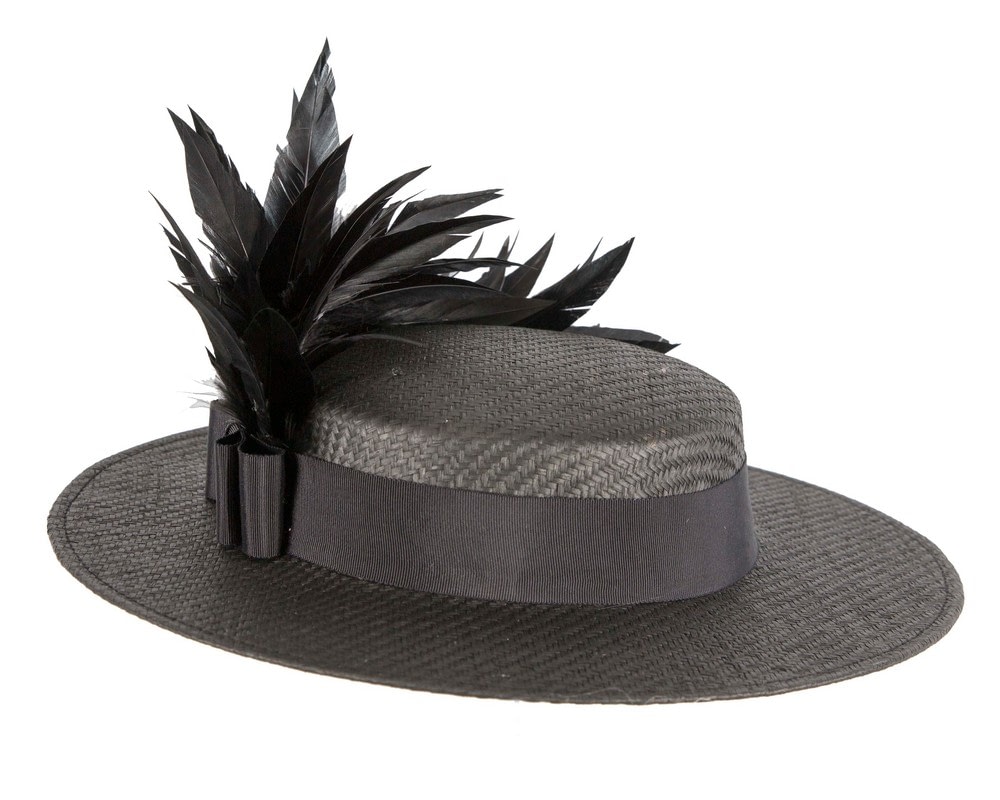 Black boater hat with feathers by Max Alexander - Fascinators Online Black boater hat with feathers by Max Alexander - Image 4