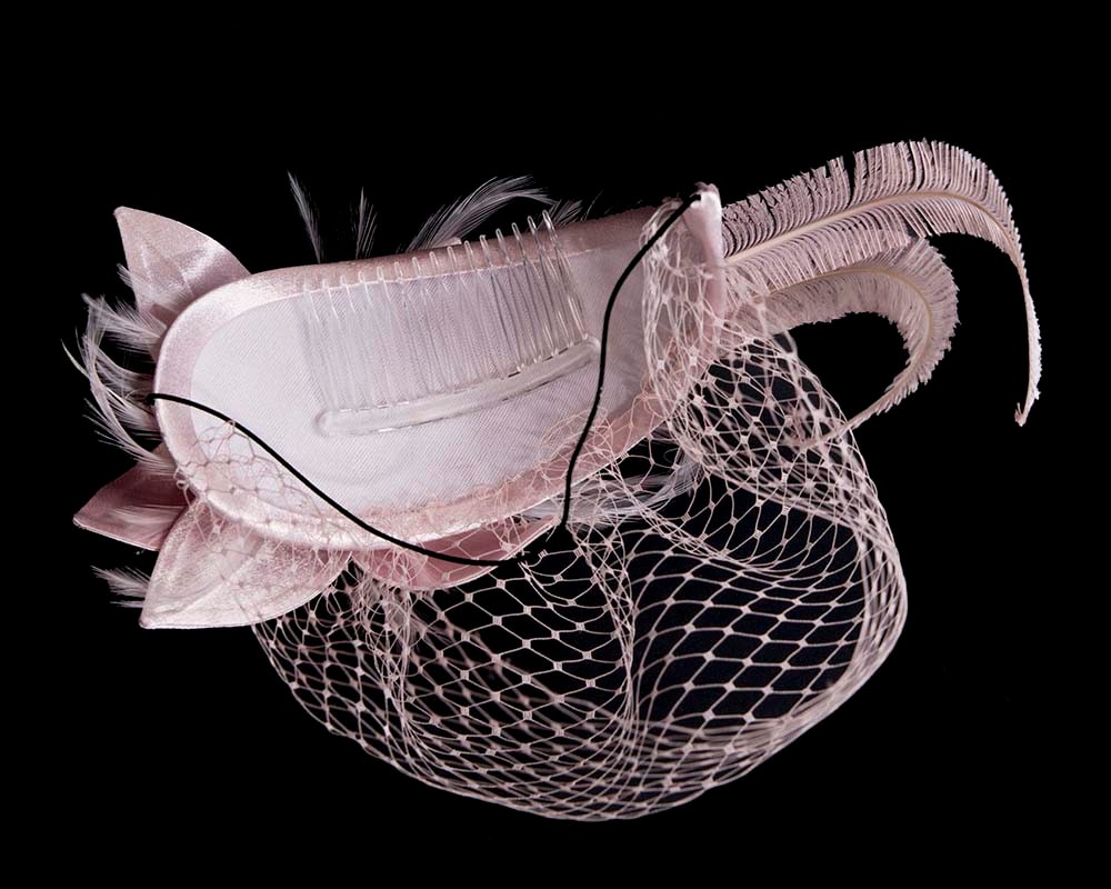 Custom made pink feather fascinator with face veil - Fascinators Online Custom made pink feather fascinator with face veil - Image 3