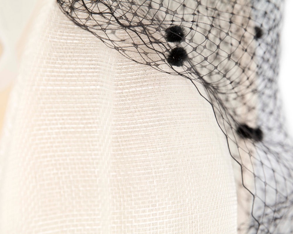Cream & black racing fascinator with flowers and face netting by Fillies Collection - Image 3