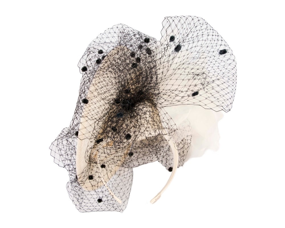 Cream & black racing fascinator with flowers and face netting by Fillies Collection - Image 4