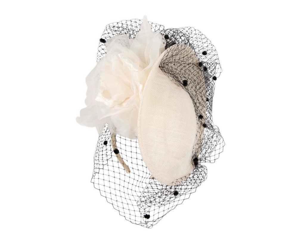 Fascinators Online - Cream & black racing fascinator with flowers and face netting by Fillies Collection
