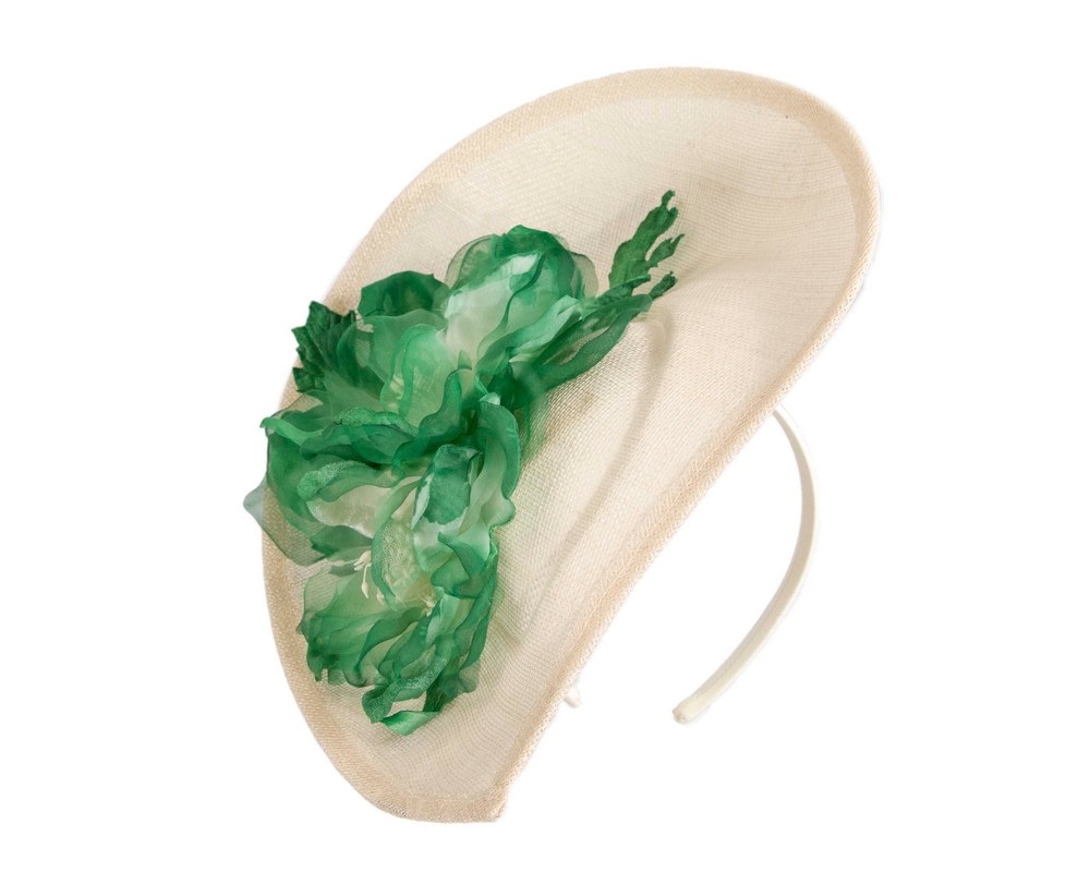 Fascinators Online - Bespoke cream & green sinamay fascinator with flower by Max Alexander