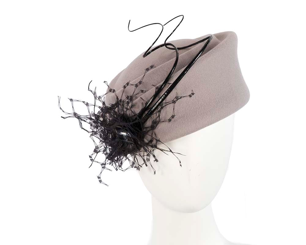 Fascinators Online - Grey felt beret hat with feather by Fillies Collection