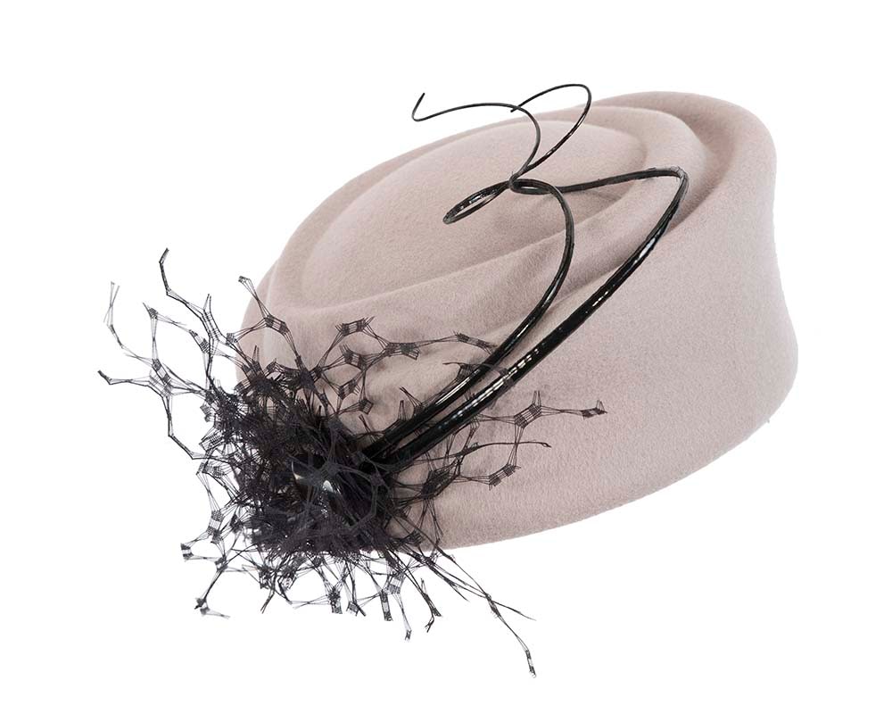 Fascinators Online - Grey felt beret hat with feather by Fillies Collection