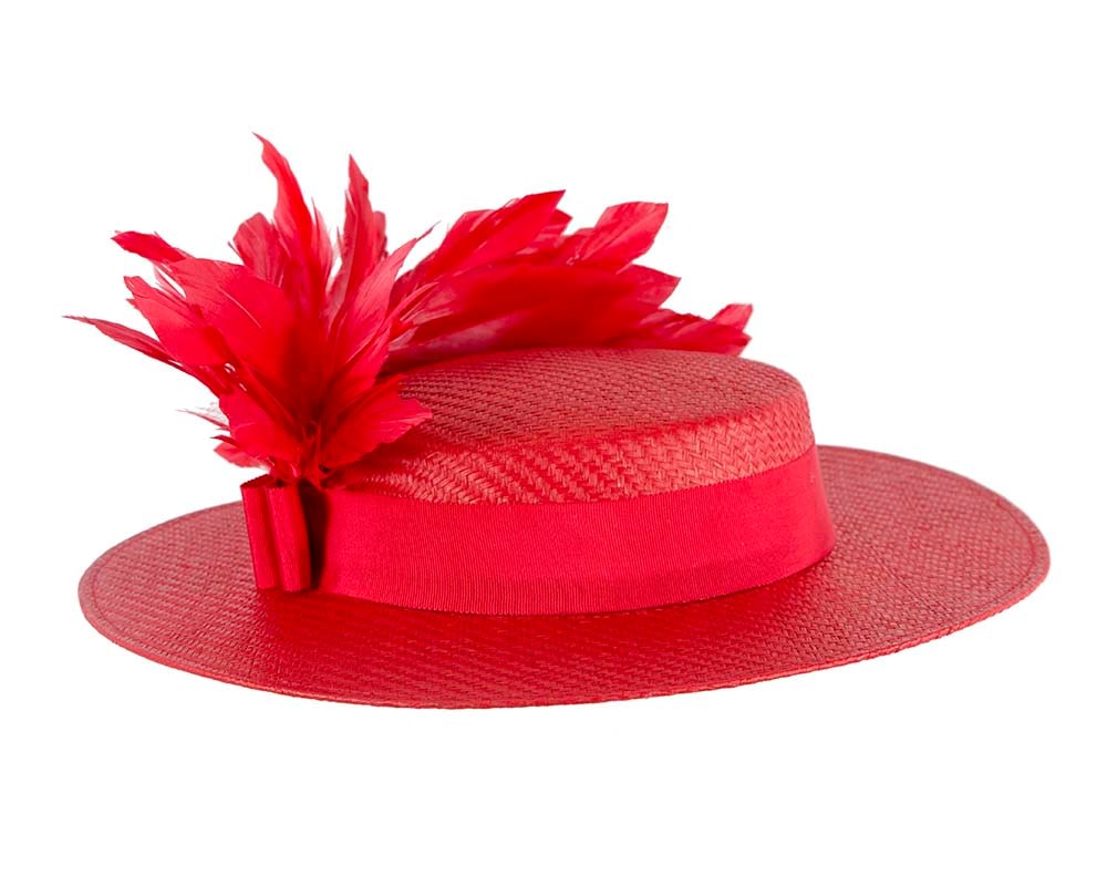 Red boater hat with feathers by Max Alexander - Fascinators Online Red boater hat with feathers by Max Alexander - Image 4
