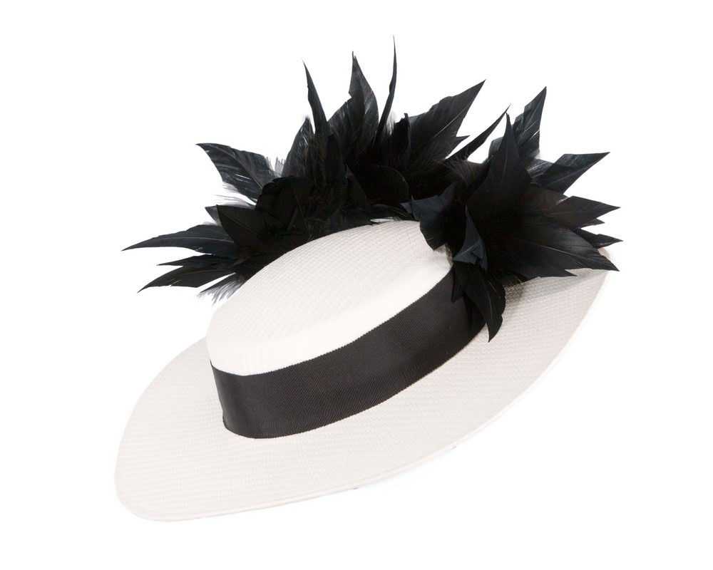 Fascinators Online - White & black boater hat with feathers by Max Alexander
