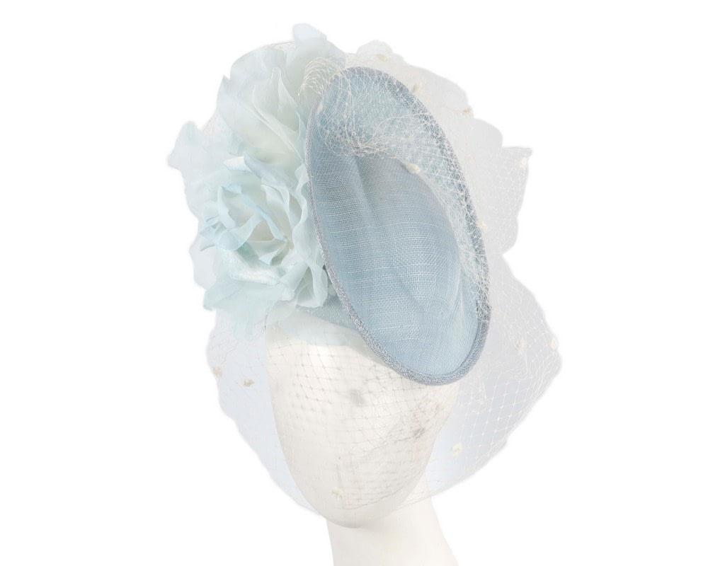 Fascinators Online - Light blue racing fascinator with flowers and face netting by Fillies Collection