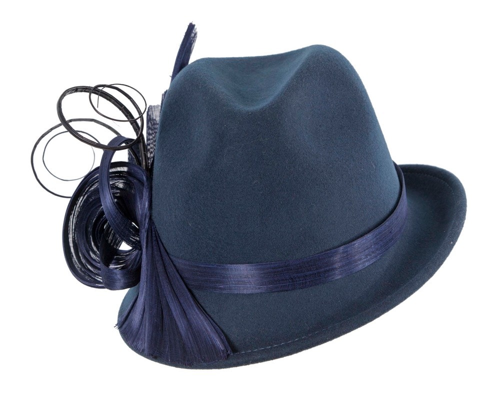 Fascinators Online - Bespoke navy felt fedora by Fillies Collection