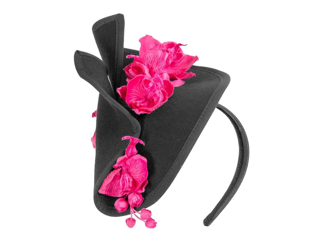 Fascinators Online - Bespoke black & fuchsia felt winter fascinator by Fillies Collection
