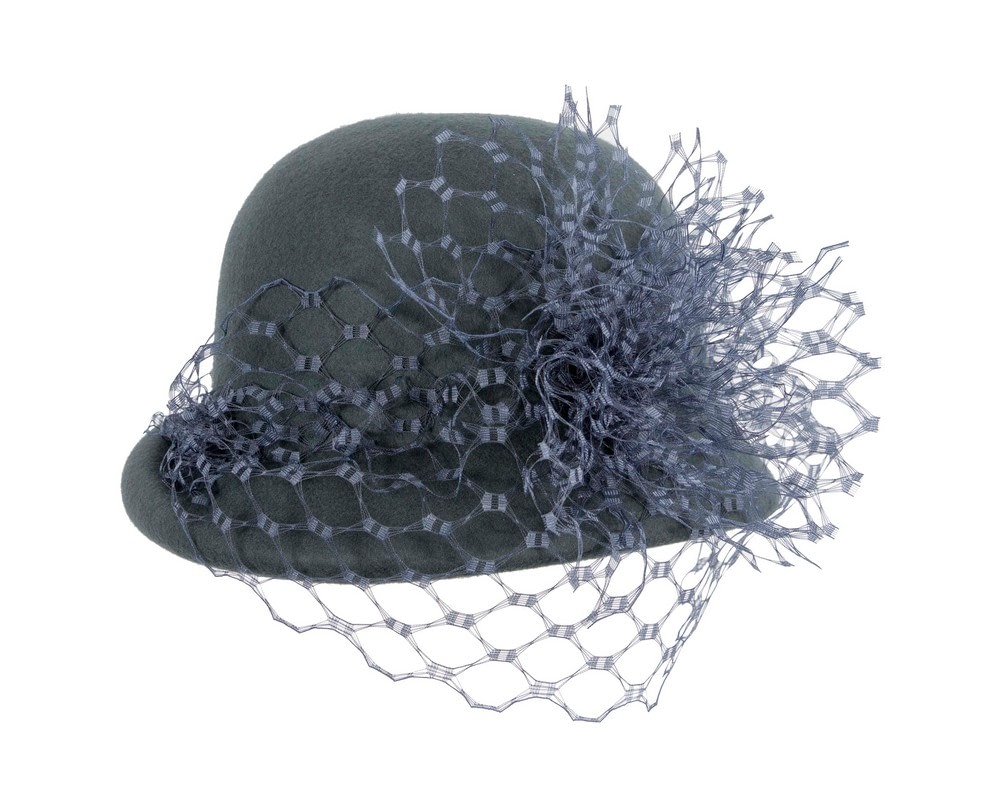 Blue grey cloche hat with face veil by Fillies Collection - Image 4