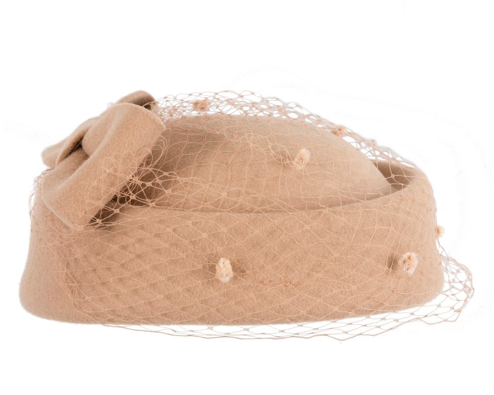 Large beige felt beret hat with veil - Fascinators Online Large beige felt beret hat with veil - Image 4