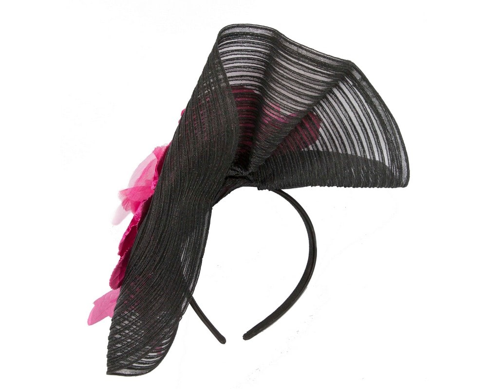 Large black racing fascinator with fuchsia flowers by Fillies Collection - Image 4