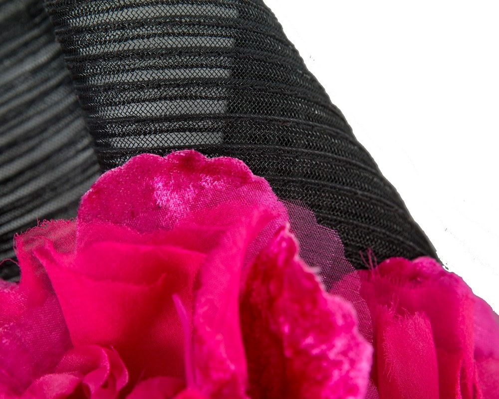 Large black racing fascinator with fuchsia flowers by Fillies Collection - Image 3