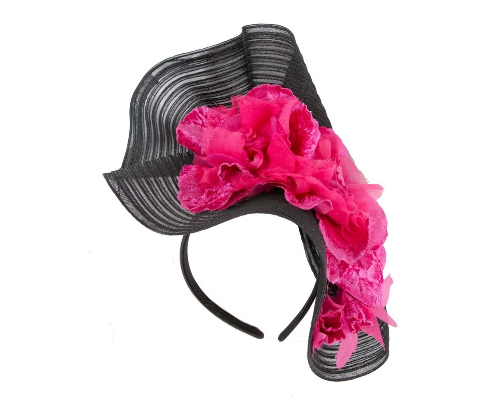 Fascinators Online - Large black racing fascinator with fuchsia flowers by Fillies Collection