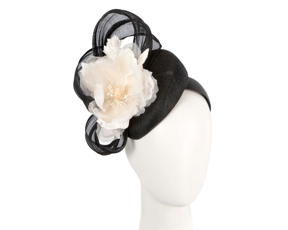 Fascinators Online - Black & Cream pillbox fascinator with large flower by Fillies Collection