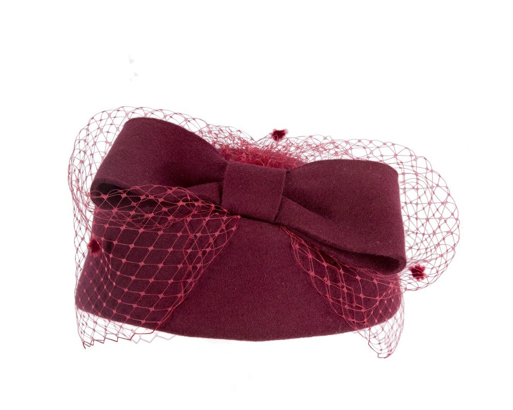 Large burgundy felt beret hat with veil - Fascinators Online Large burgundy felt beret hat with veil - Image 5
