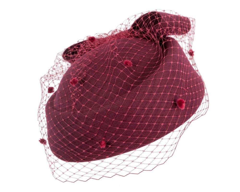 Fascinators Online - Large burgundy felt beret hat with veil