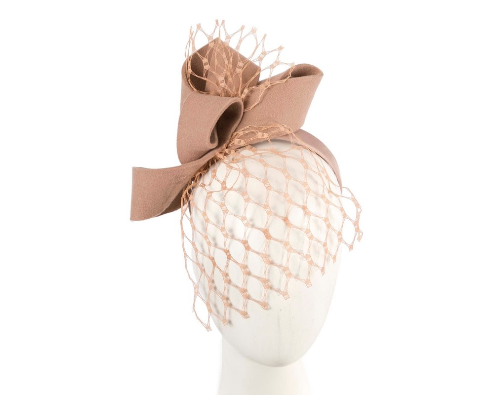 Fascinators Online - Beige felt bow with veil fascinator by Max Alexander
