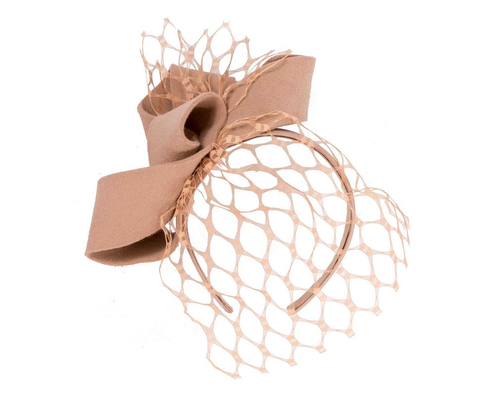 Fascinators Online - Beige felt bow with veil fascinator by Max Alexander