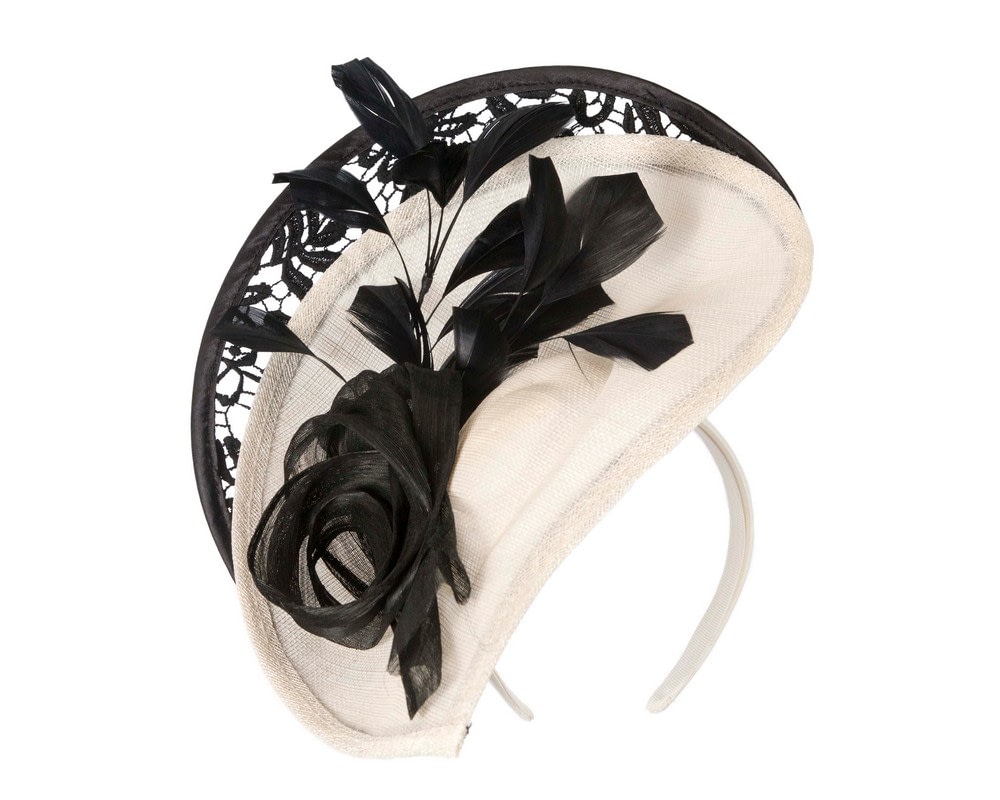 Fascinators Online - Cream & black sinamay & lace fascinator by Fillies Collection
