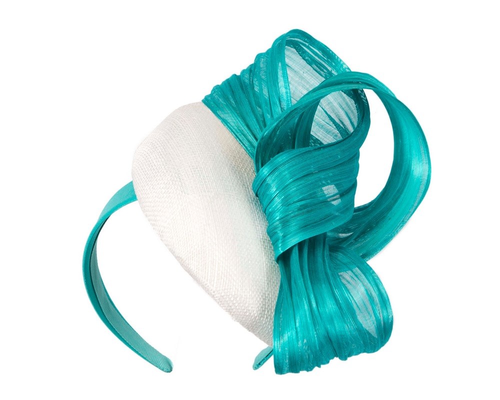 Fascinators Online - White pillbox with turquoise bow by Fillies Collection S307