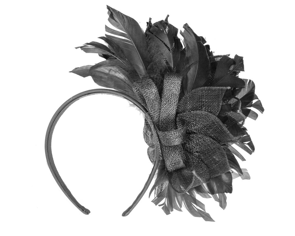 Striking Black Fascinator with Flower and Feathers - Fascinators Online Striking Black Fascinator with Flower and Feathers - Image 4