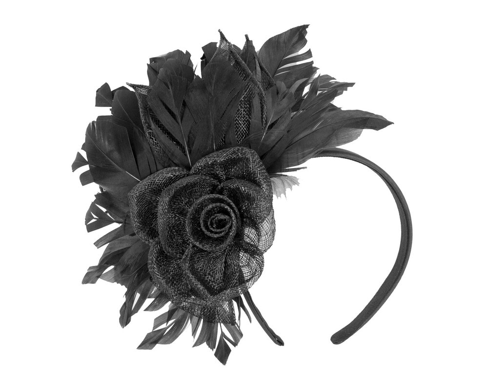 Fascinators Online - Striking Black Fascinator with Flower and Feathers