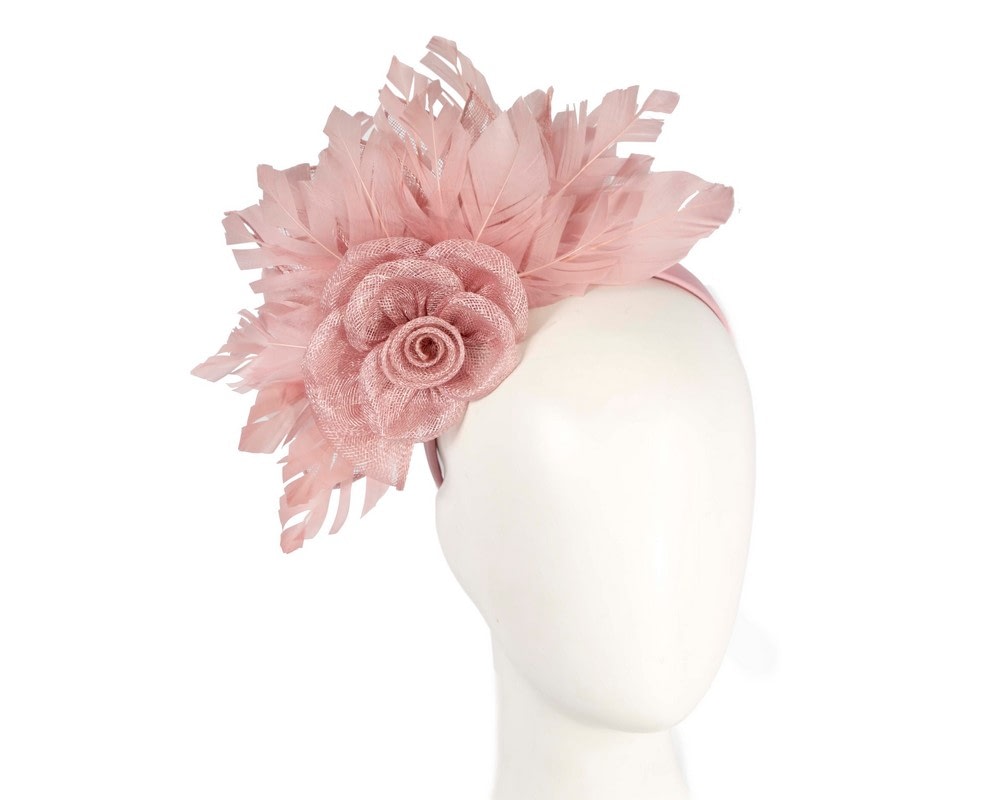 Fascinators Online - Striking Dusty Pink Fascinator with Flower and Feathers