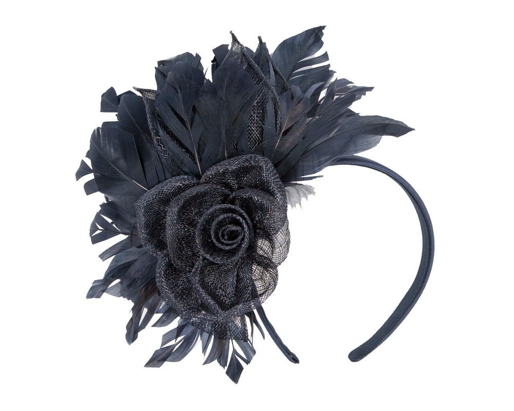 Fascinators Online - Striking Navy Fascinator with Flower and Feathers