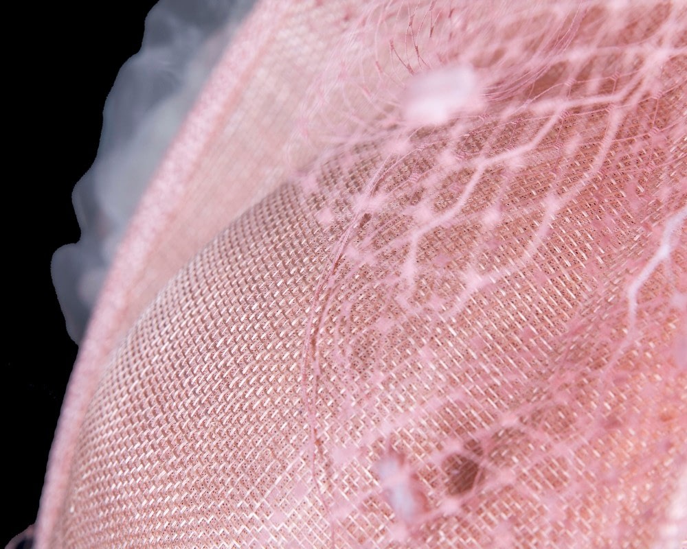 Pink racing fascinator with flowers and face netting by Fillies Collection - Image 3