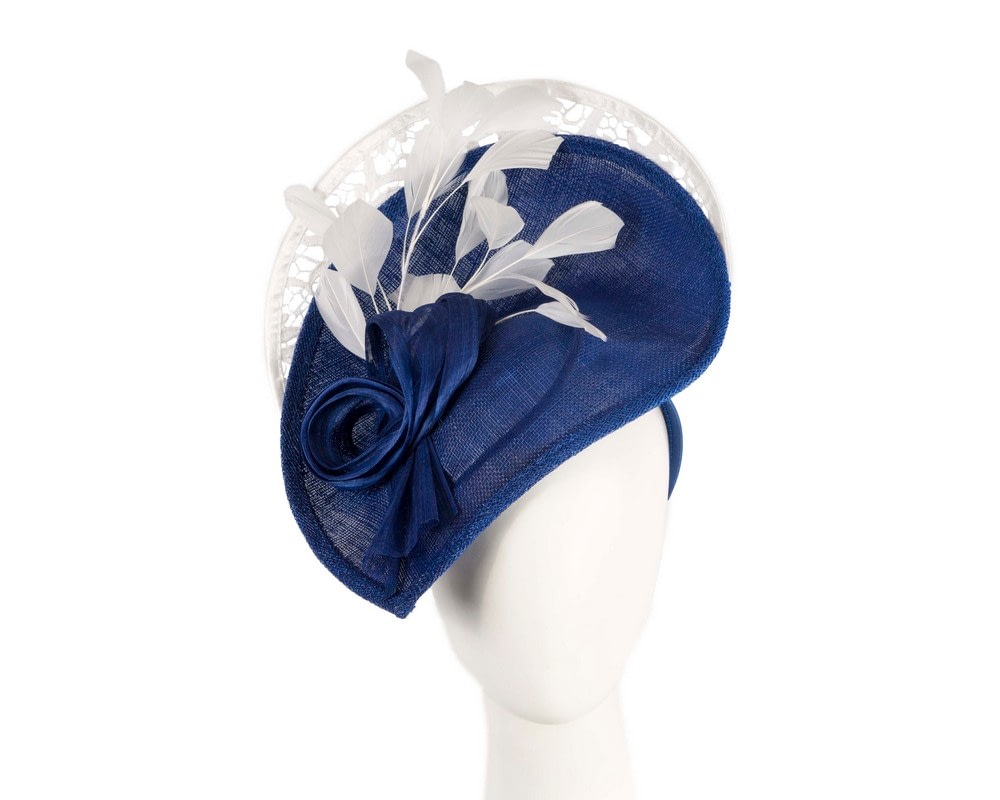 Fascinators Online - Blue & white sinamay & lace fascinator by Fillies Collection