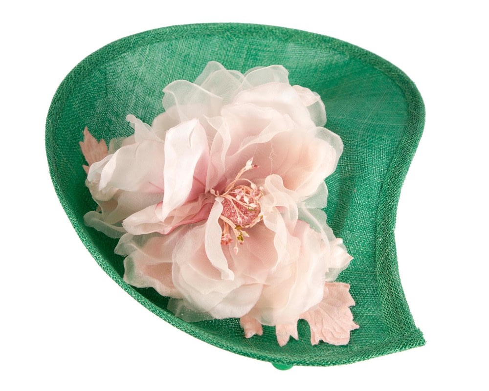 Bespoke green sinamay fascinator with pink flower by Max Alexander - Image 4