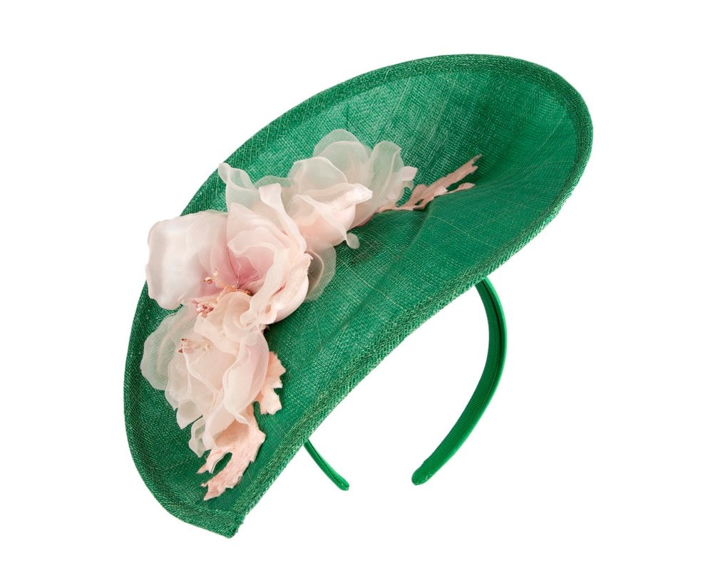Fascinators Online - Bespoke green sinamay fascinator with pink flower by Max Alexander