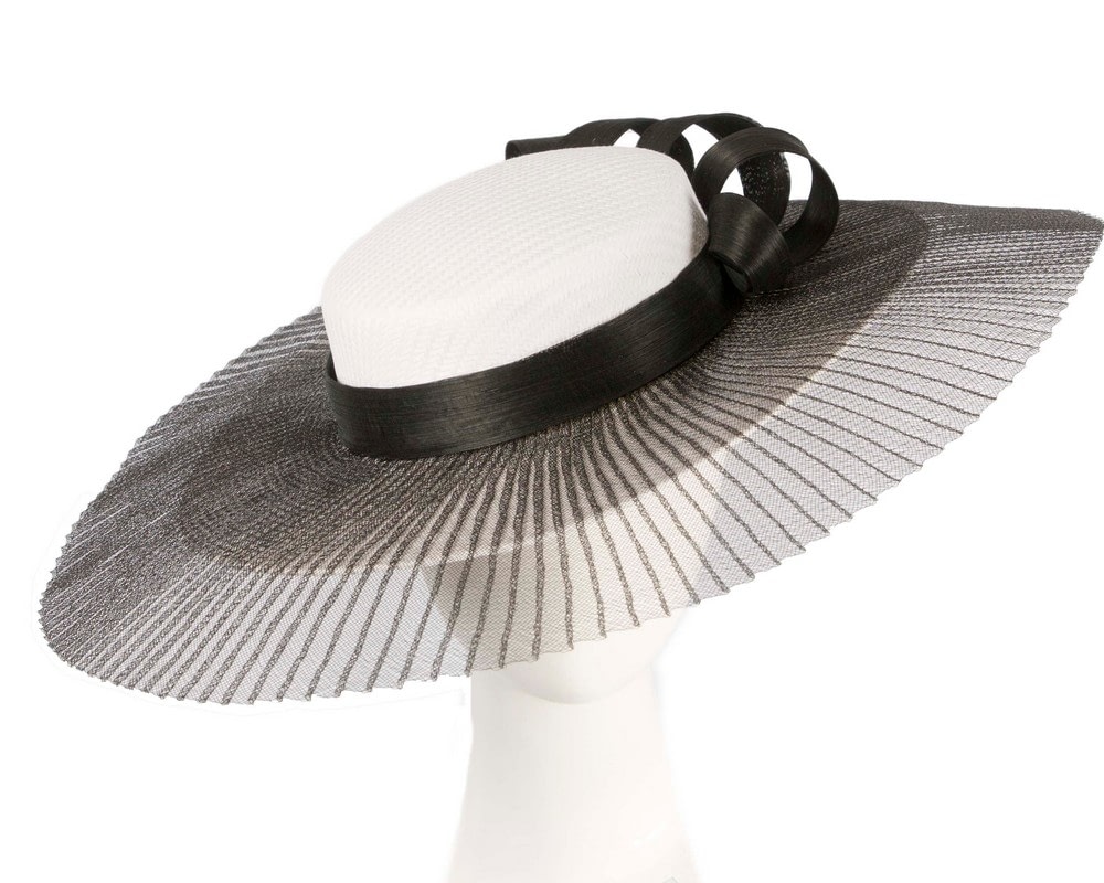 Fascinators Online - White & black wide brim boater hat by Fillies Collection