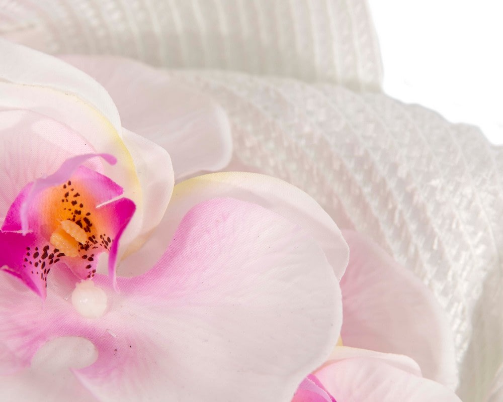 Astonishing white fascinator with pink orchids by Fillies Collection - Image 3